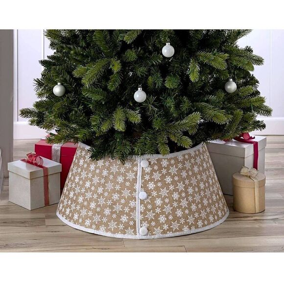 Christmas Burlap Tree Collar Tan/White w/ Snowflakes - Picture 1 of 3